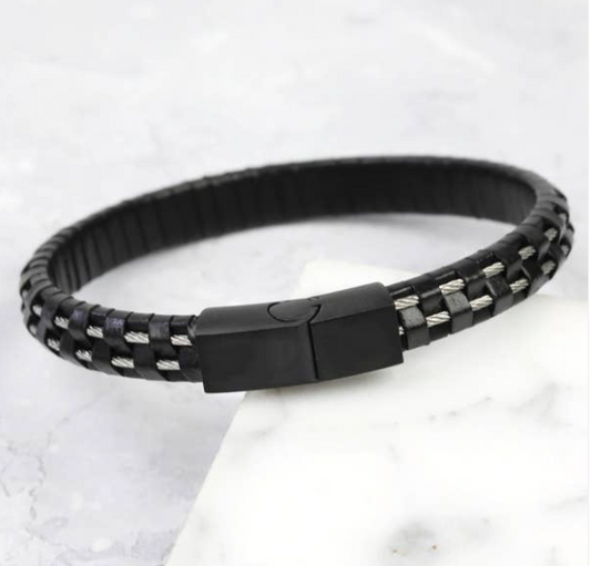 Mens wire leather black clasp bracelet