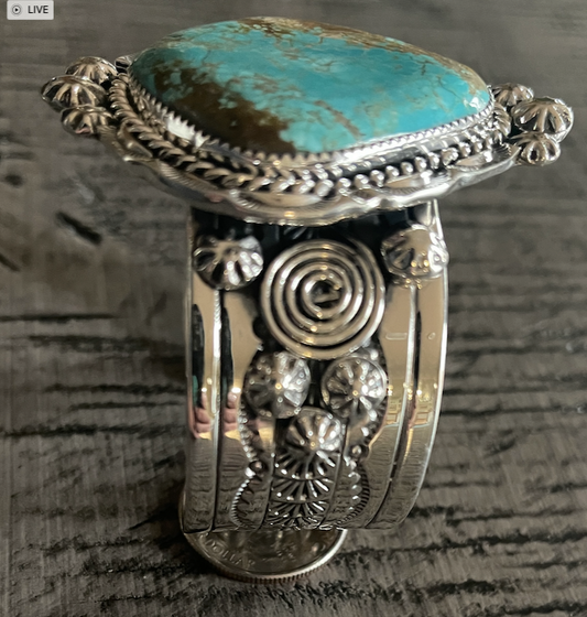 Old #8 Turquoise Set In Sterling Silver Bracelet - Premium Bracelets from Dine' Native Arts - Just $1200! Shop now at Three Blessed Gems