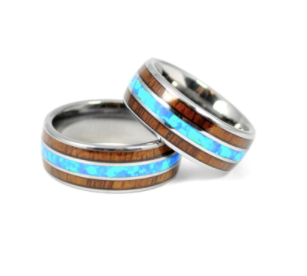 Koa Wood Blue Opal Tungsten Ring - Premium Rings from EMV Trading - Just $50! Shop now at Three Blessed Gems