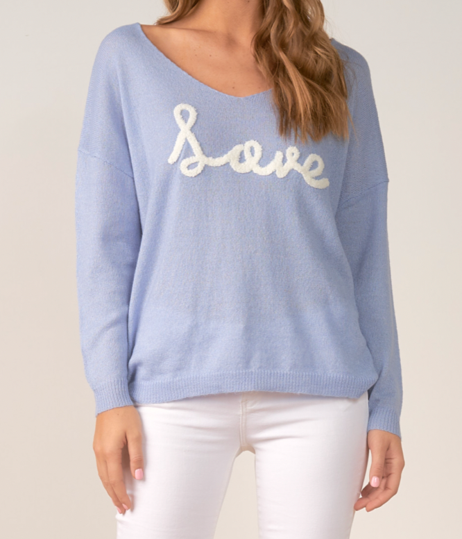 Light Blue V Neck Cursive Love Sweater - Premium Sweater from Elan - Just $53.40! Shop now at Three Blessed Gems