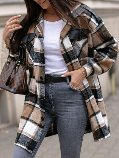 Pocketed Plaid Button Up Dropped Shoulder Shacket - Premium Jacket from Trendsi - Just $54.90! Shop now at Three Blessed Gems