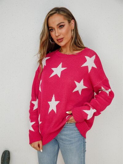 Star Round Neck Dropped Shoulder Sweater - Premium sweater from Trendsi - Just $51! Shop now at Three Blessed Gems