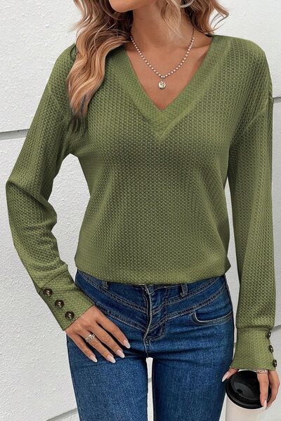 Decorative Button V-Neck Long Sleeve T-Shirt - Premium Shirt from Trendsi - Just $31! Shop now at Three Blessed Gems