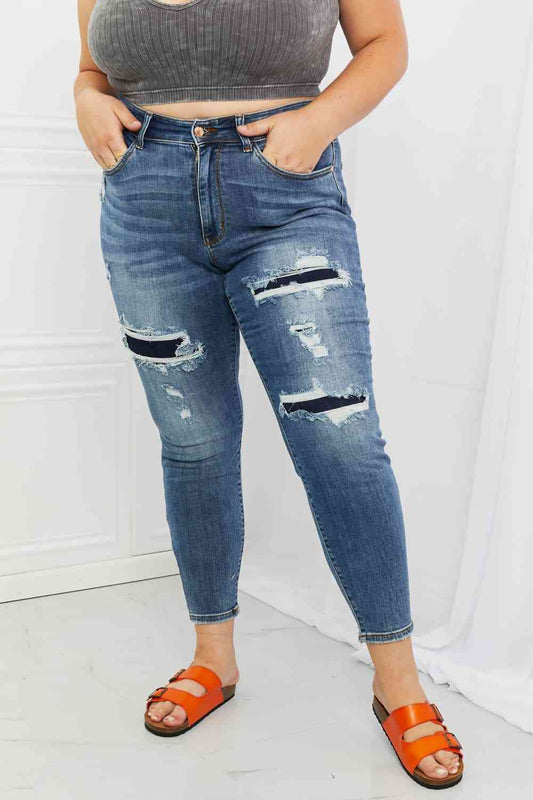 Judy Blue Dahlia Full Size Distressed Patch Jeans - Premium Jeans from Trendsi - Just $72! Shop now at Three Blessed Gems